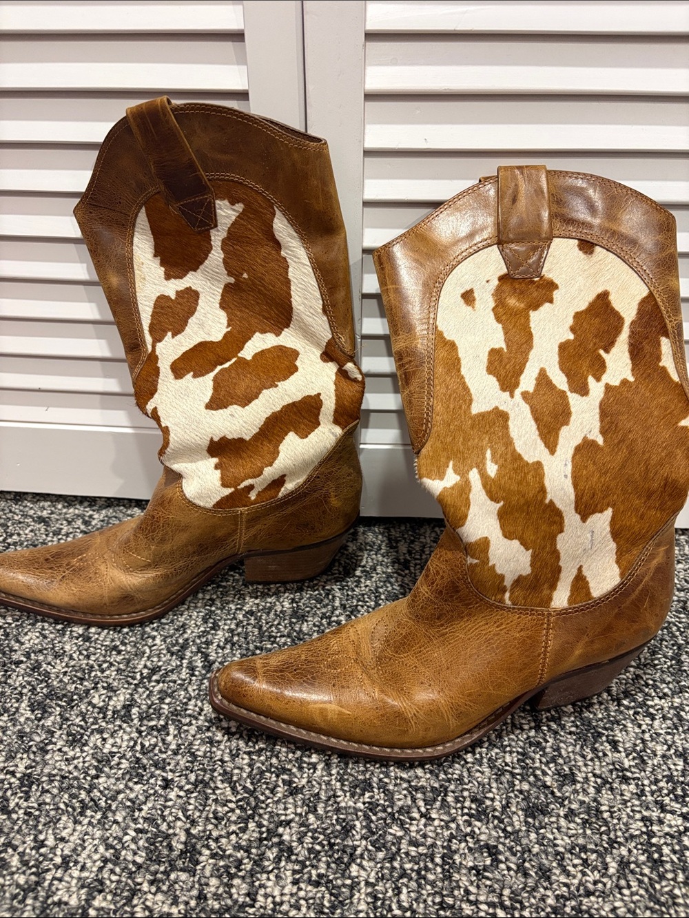 Penny Loves Kenny Brown and White Cowhide Western Boots